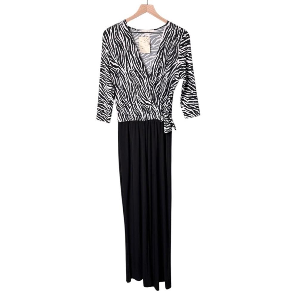 NWT Boston Proper Zebra Print Faux Wrap Jumpsuit‎ V Neck Black White Size Small